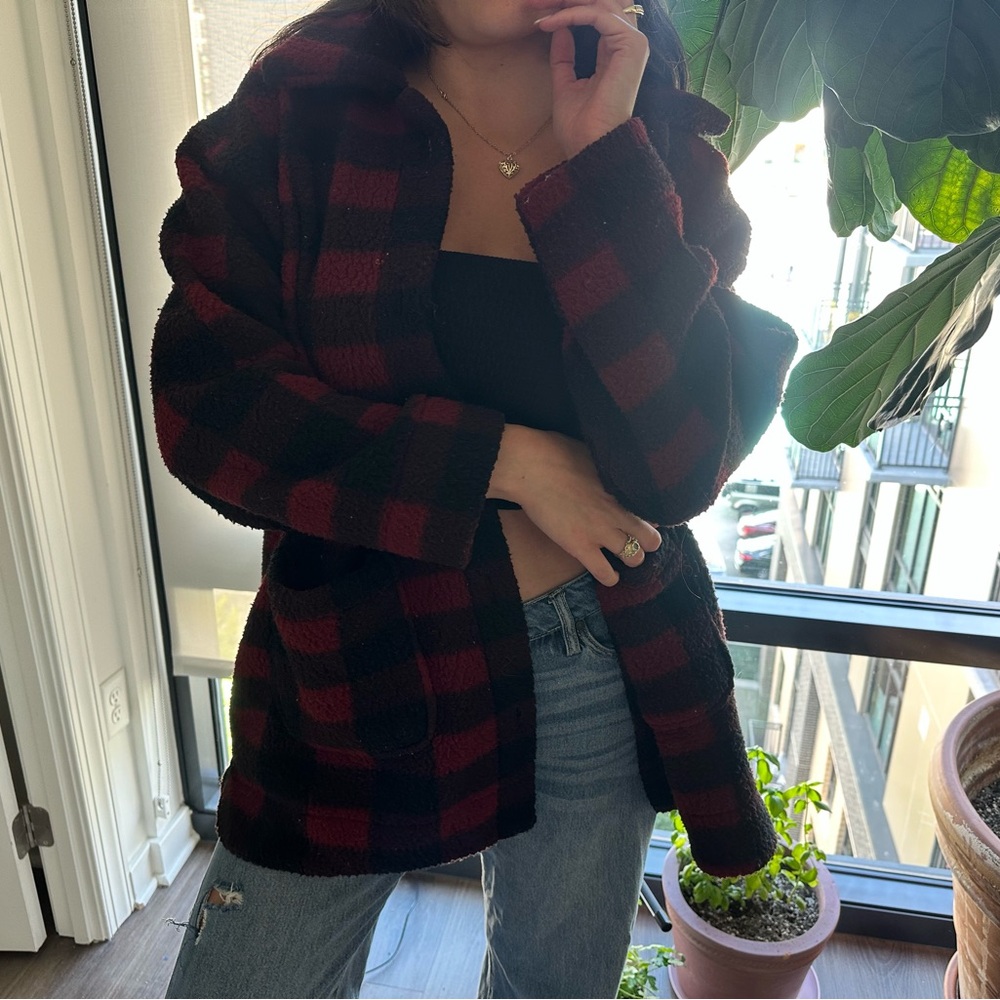 Unisex  Red and Black Plaid Sherpa Jacket